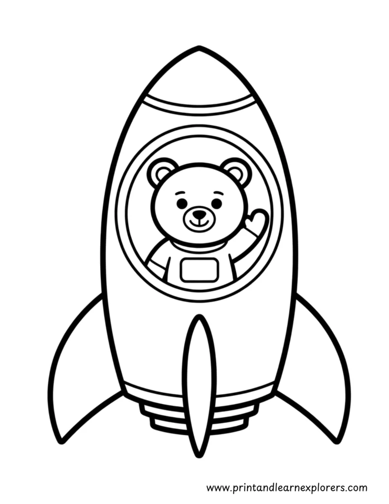 Bold, easy lines to color a teddy bear in a rocket suitable for preschoolers