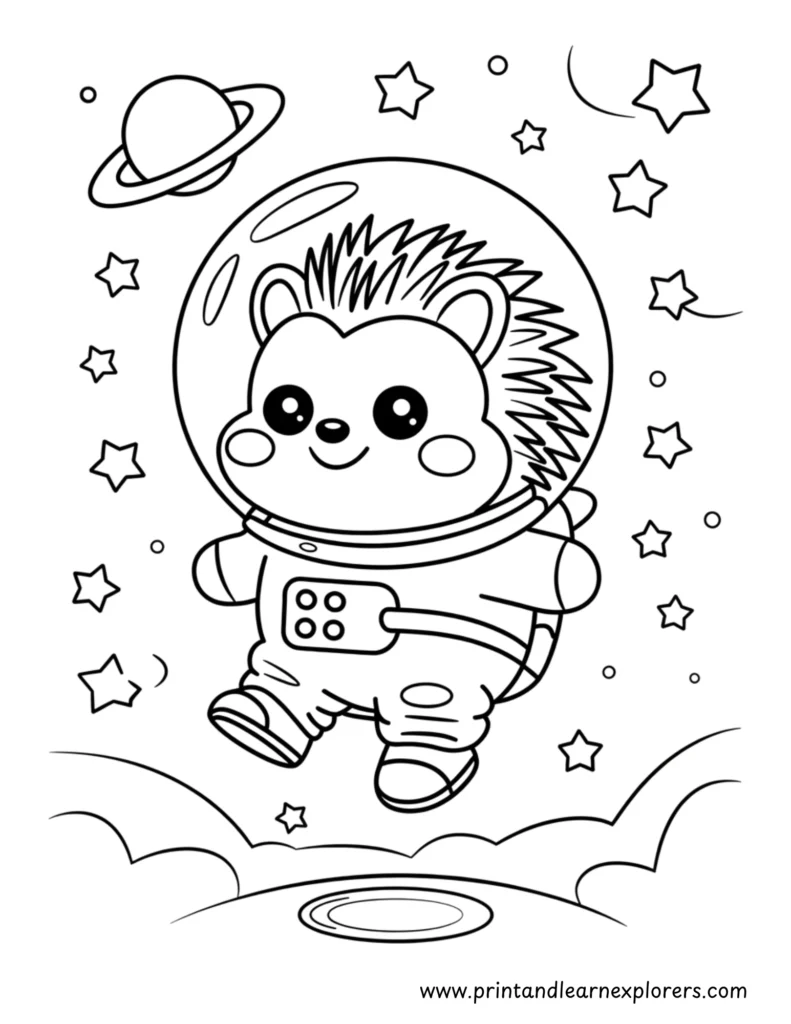 Hedgehog astronaut in space coloring page