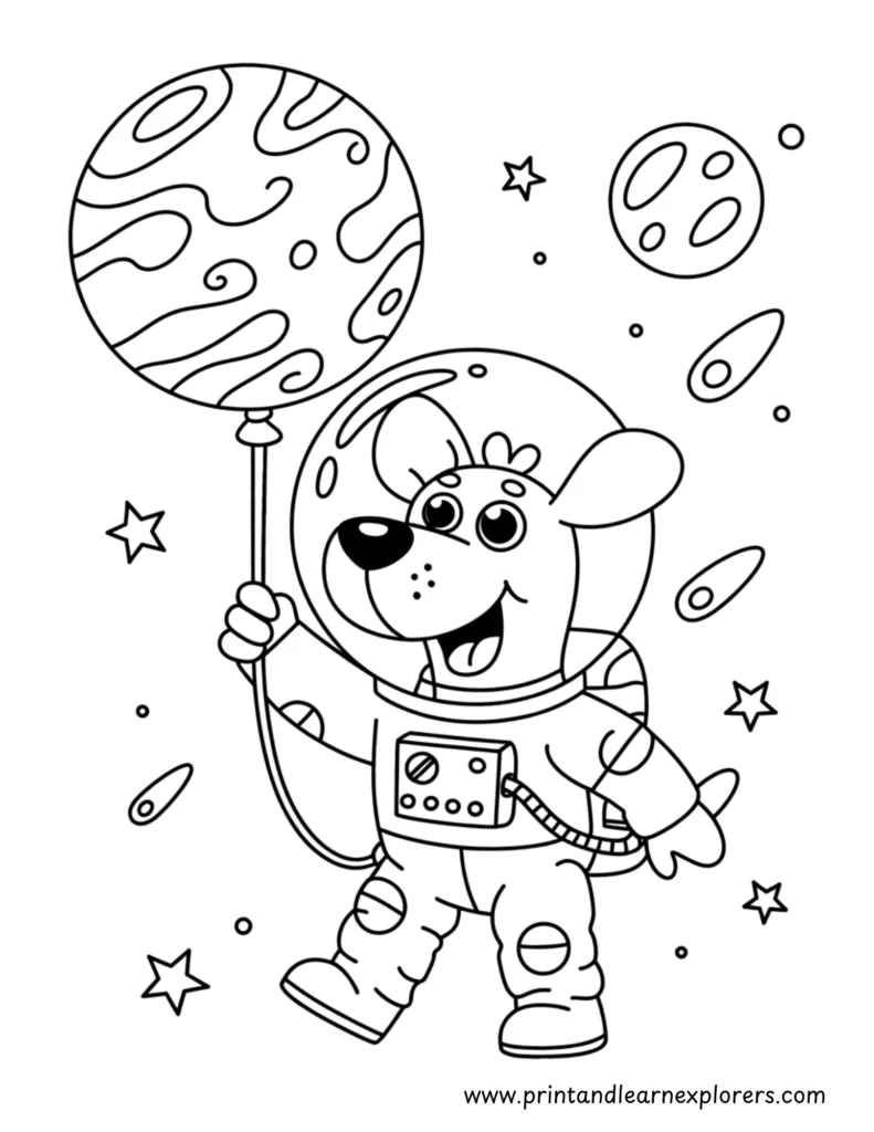 Dog astronaut with a balloon decorated like a planet coloring page