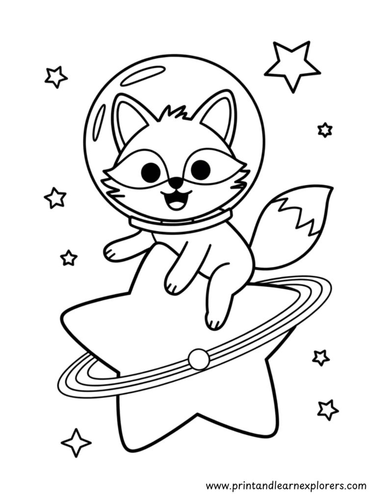 Cute fox as an astronaut on a star coloring page