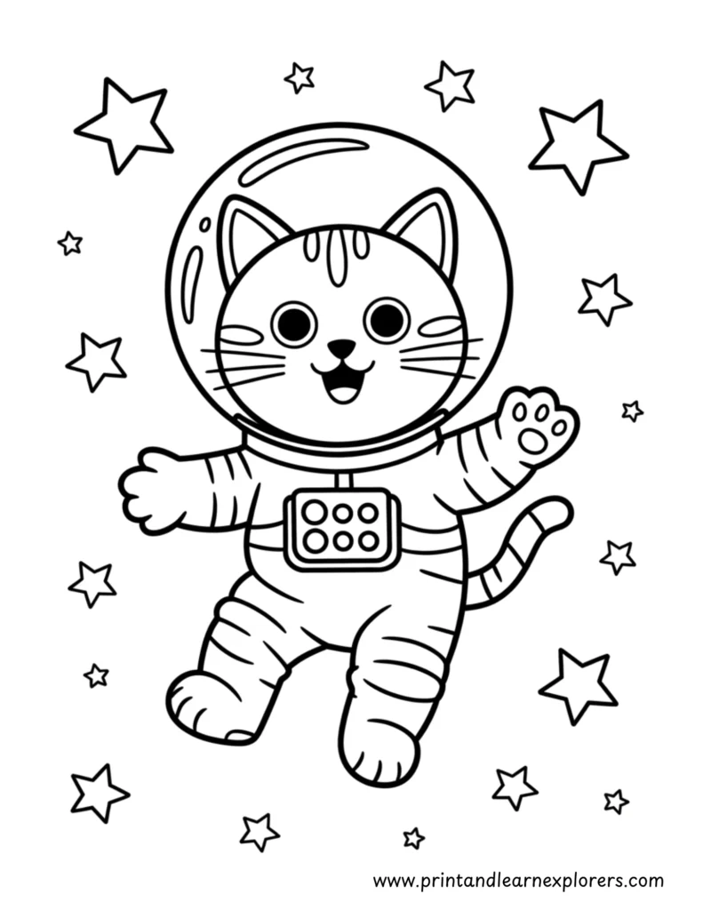 Easy bold lines of a cat astronaut in space to color