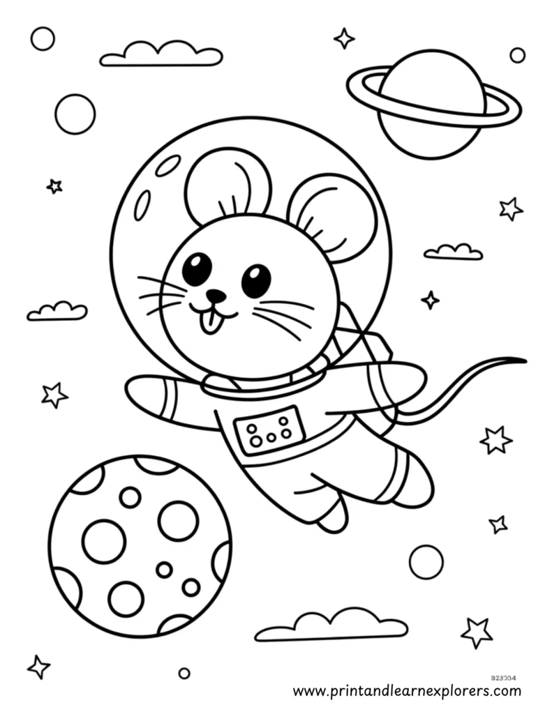 Mouse astronaut floating in space coloring printable