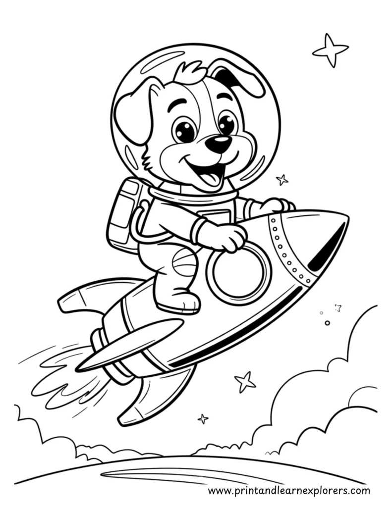 Dog astronaut riding a rocket coloring page