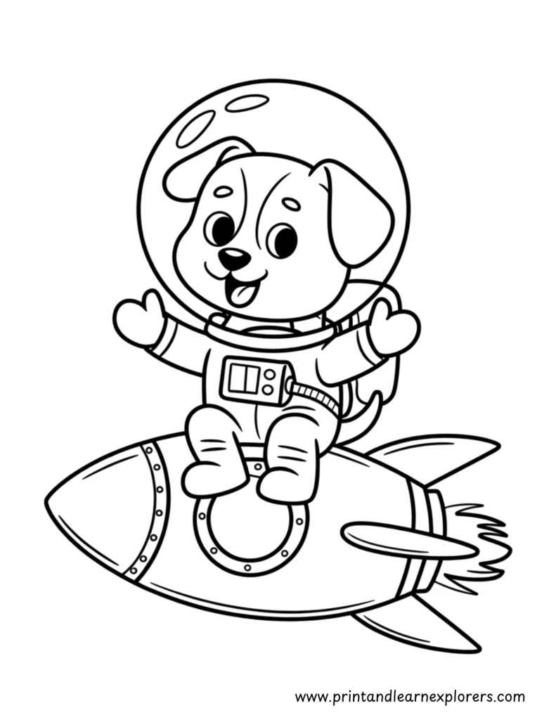Dog astronaut riding a space rocket coloring picture for kids