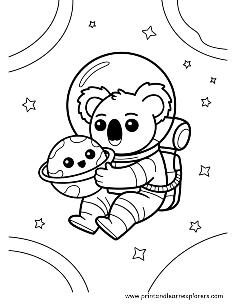 Kawaii koala bear as an astronaut with kawaii planet coloring page