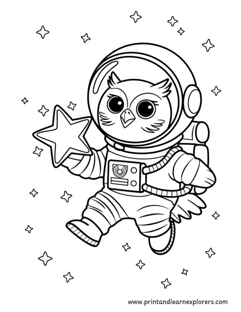 Owl astronaut in space holding a star coloring page
