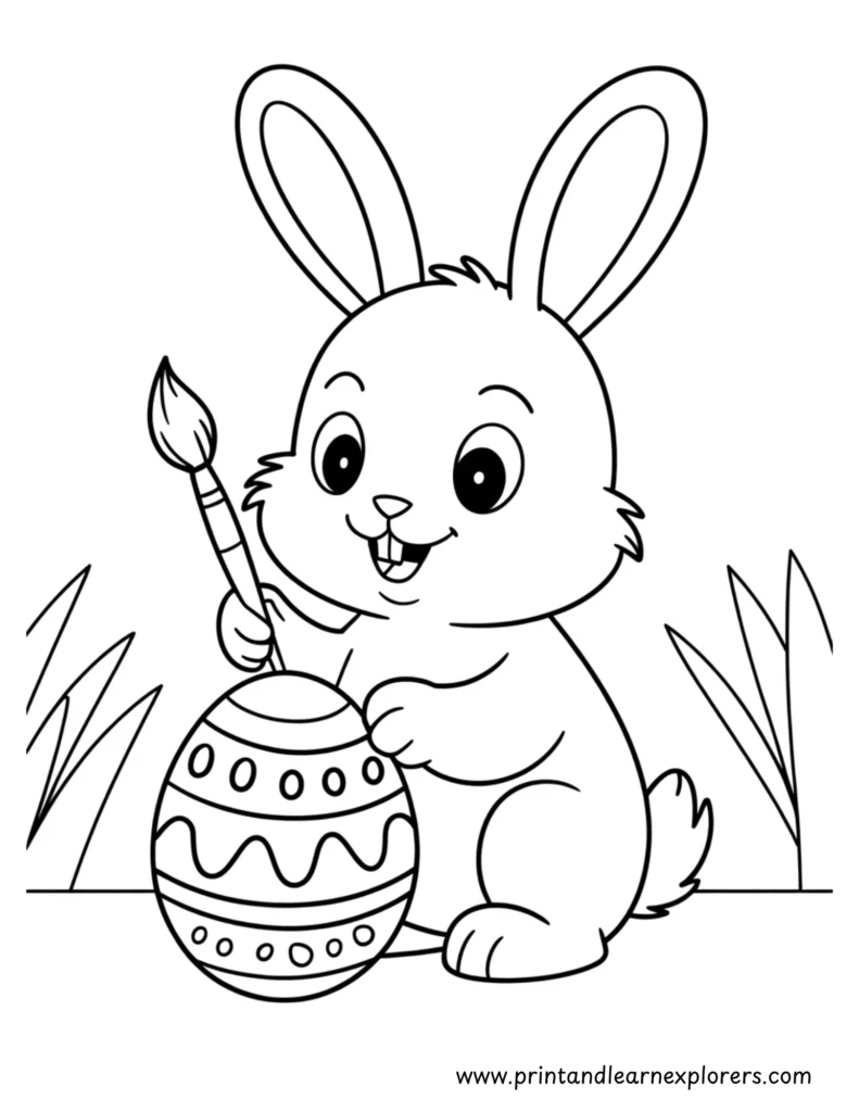 Easter bunny painting their egg coloring printable