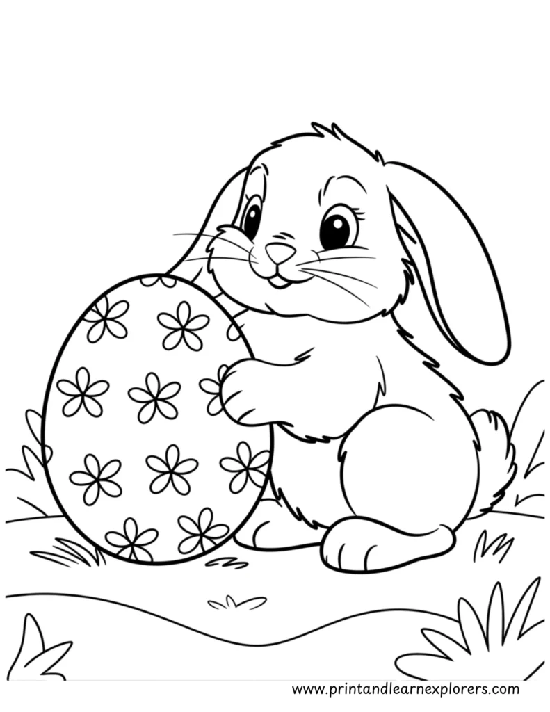 Floppy ear Easter bunny with egg coloring page