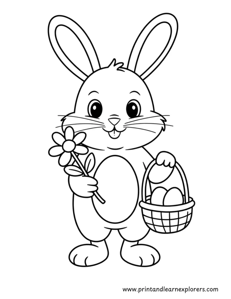 Easter bunny with flower and eggs coloring page