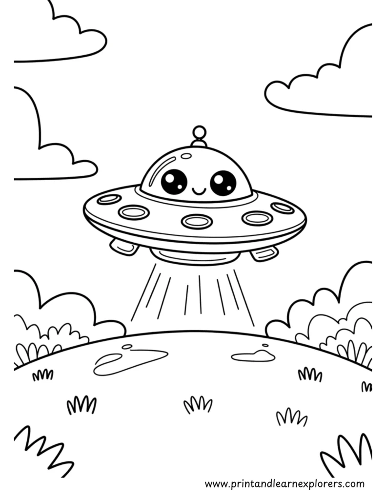 Kawaii alien space ship coloring page for kids
