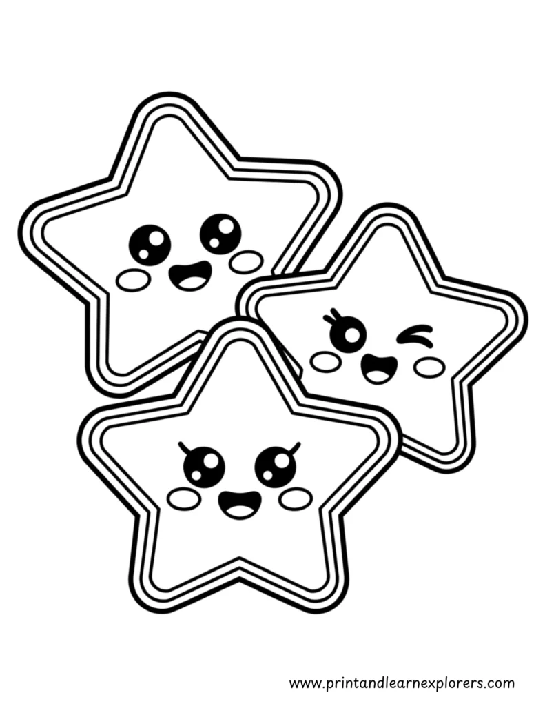 Cute kawaii stars coloring page with bold and easy lines for kids