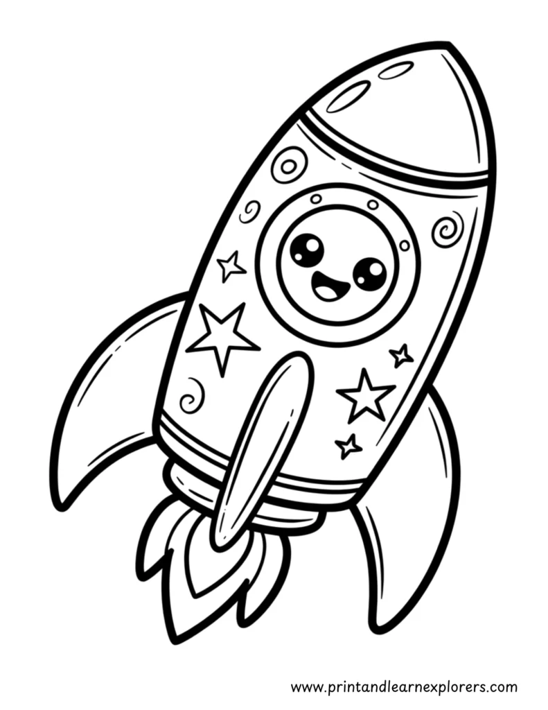 Cute kawaii rocket going into space decorated with stars coloring page