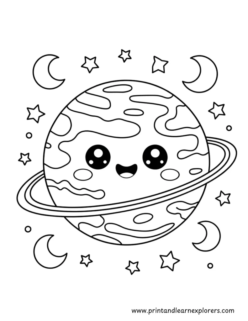 Kawaii planet with stars and moons coloring page for kids