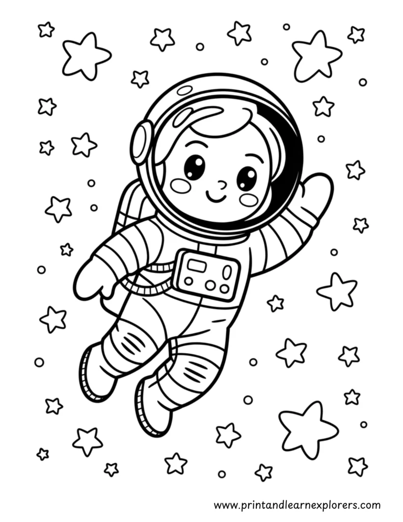 Astronaut among the star coloring page