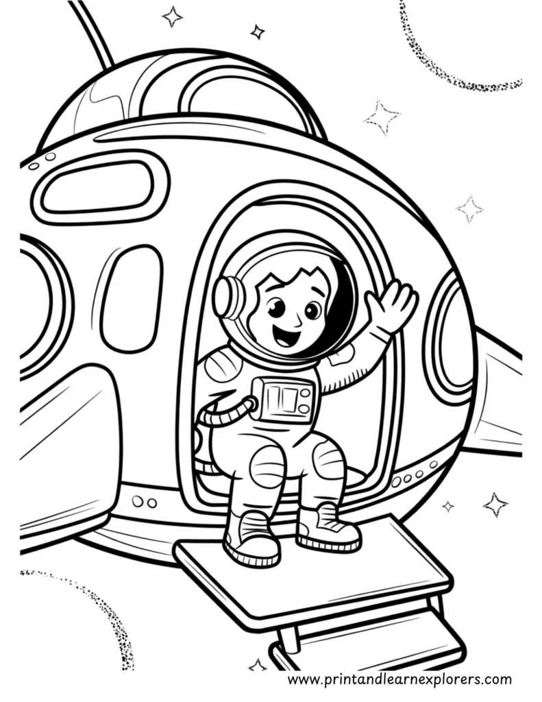 Astronaut coming out of the spacecraft onto the moon coloring page