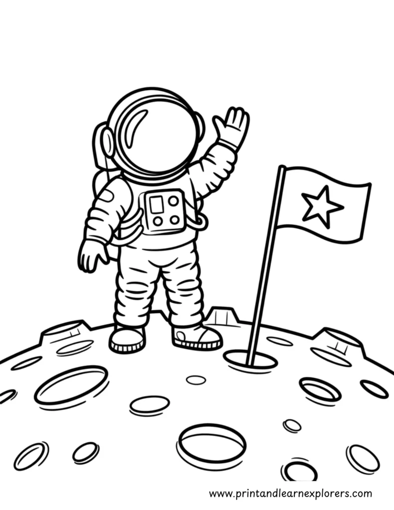 Astronaut on the moon with their flag and waving coloring page