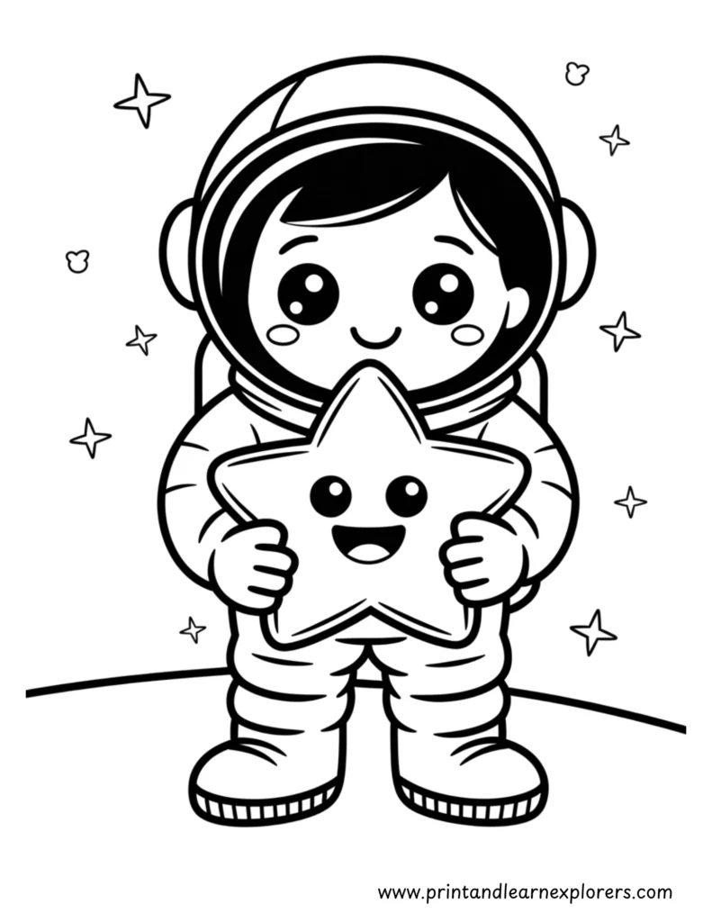 Kawaii astronaut holding a kawaii star standing on the moon coloring page