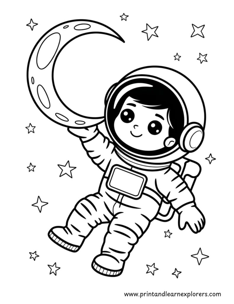 Astronaut hanging off the moon coloring printable