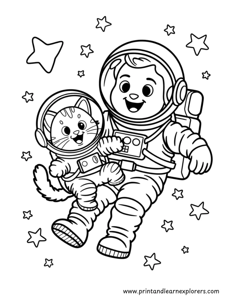 Astronaut and his cat in space coloring page