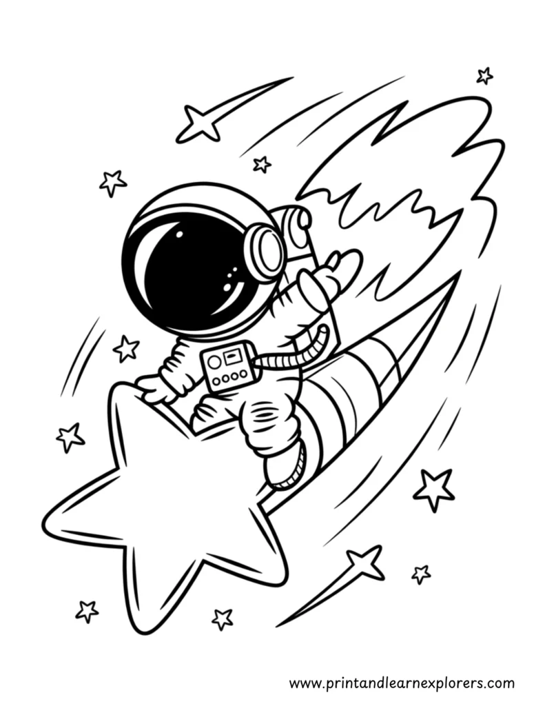 Astronaut riding a shooting star coloring page