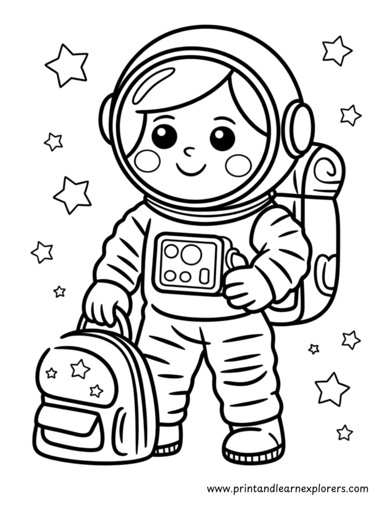 Astronaut getting ready to go into space with his backpack coloring page