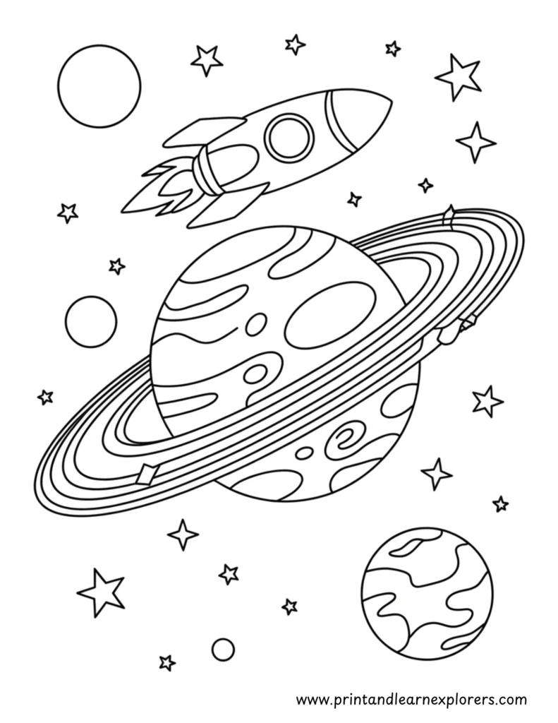 Rocket space ship going around a planet with rings coloring page