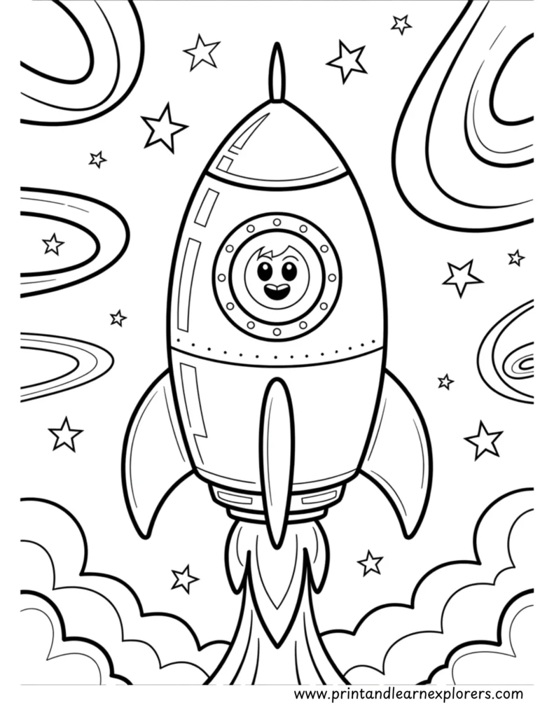 Astronaut going into space in his rocket coloring page