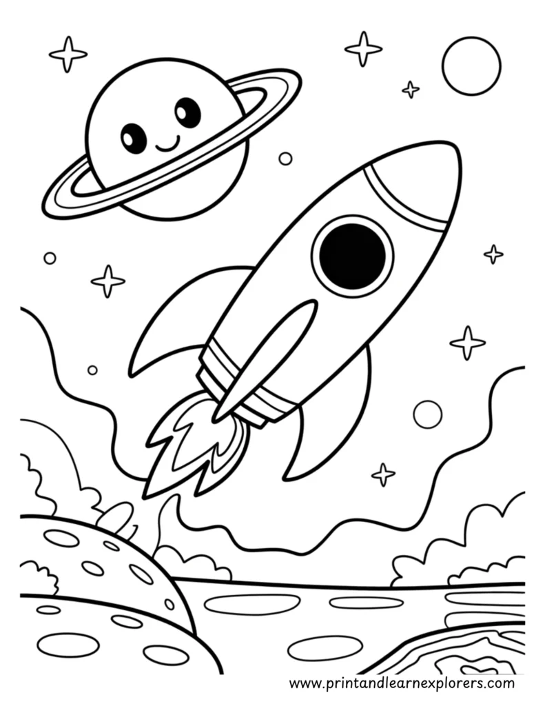 Kawaii planet and rocket in space coloring image