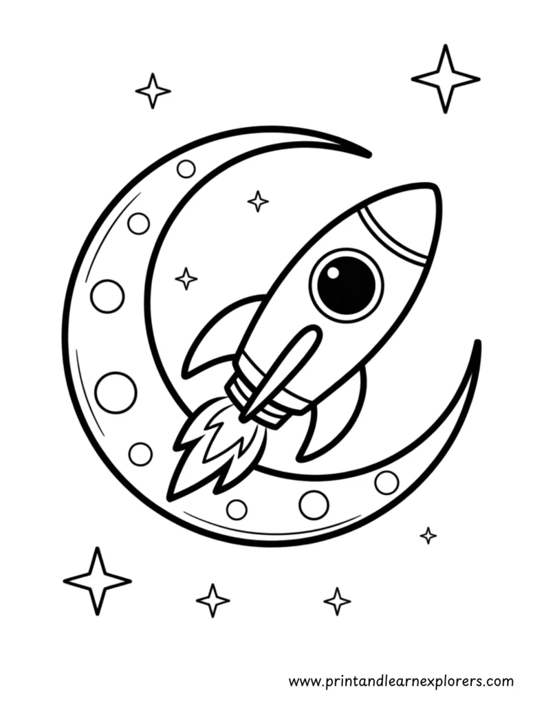 Rocket, moon and stars coloring printable