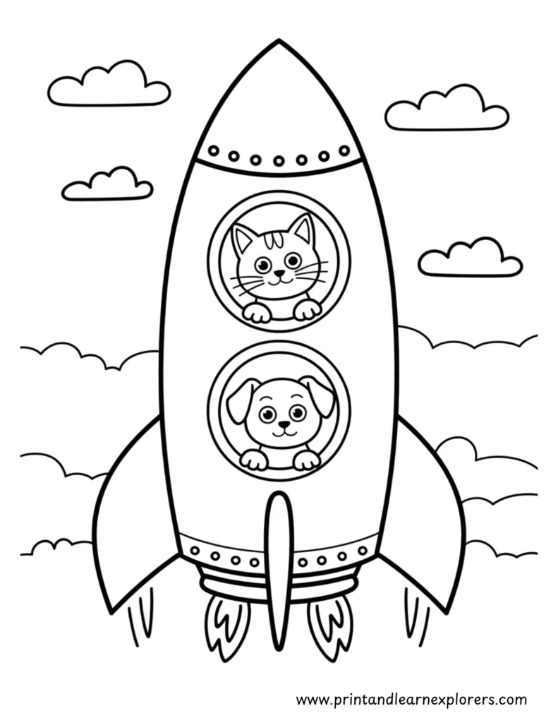 Cat and dog in a rocket space ship coloring page