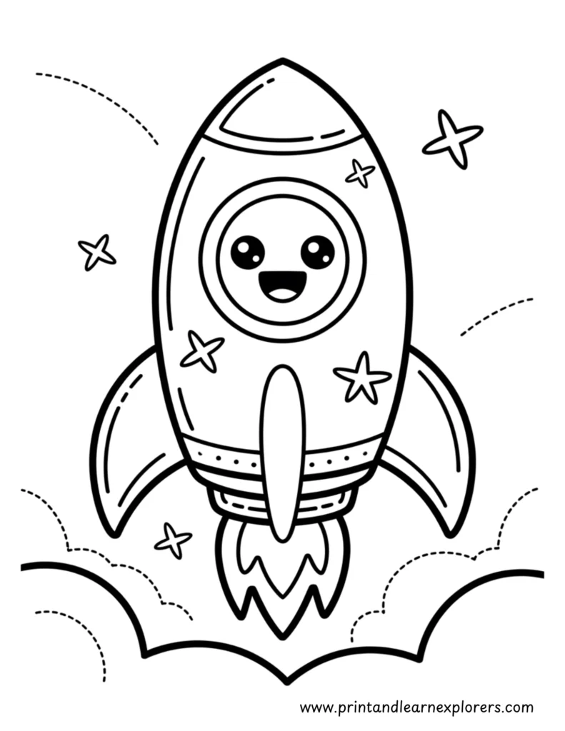 Kawaii rocket coloring page