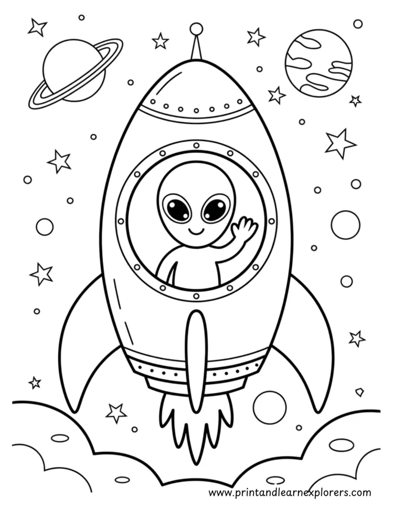 Friendly and happy alien in space rocket coloring page