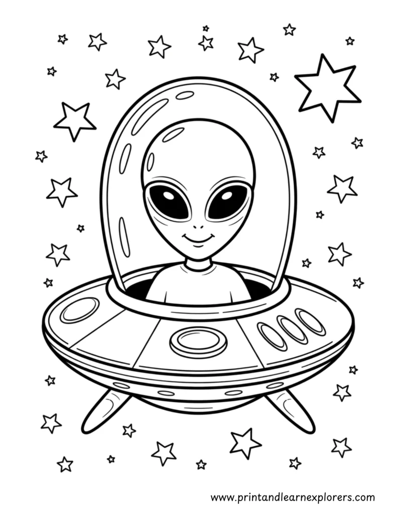 Friendly happy alien in his flying saucer space ship coloring page