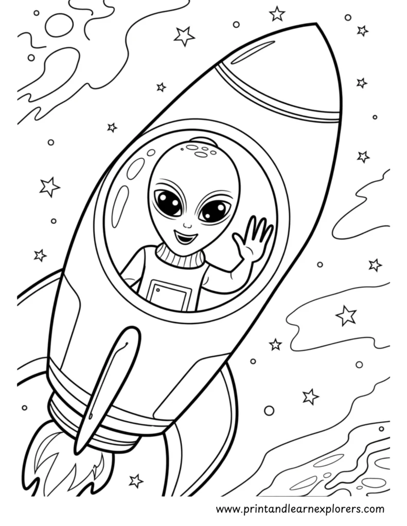 Friendly alien waving from a rocket window coloring page