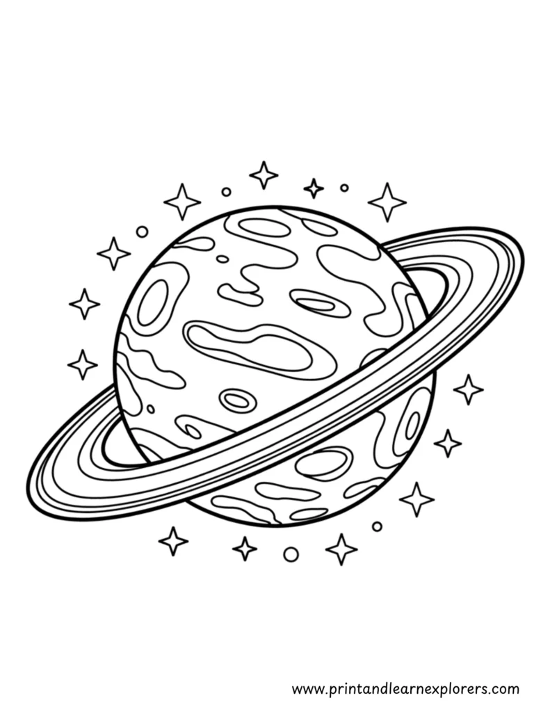 Planet with rings and stars coloring page for kids