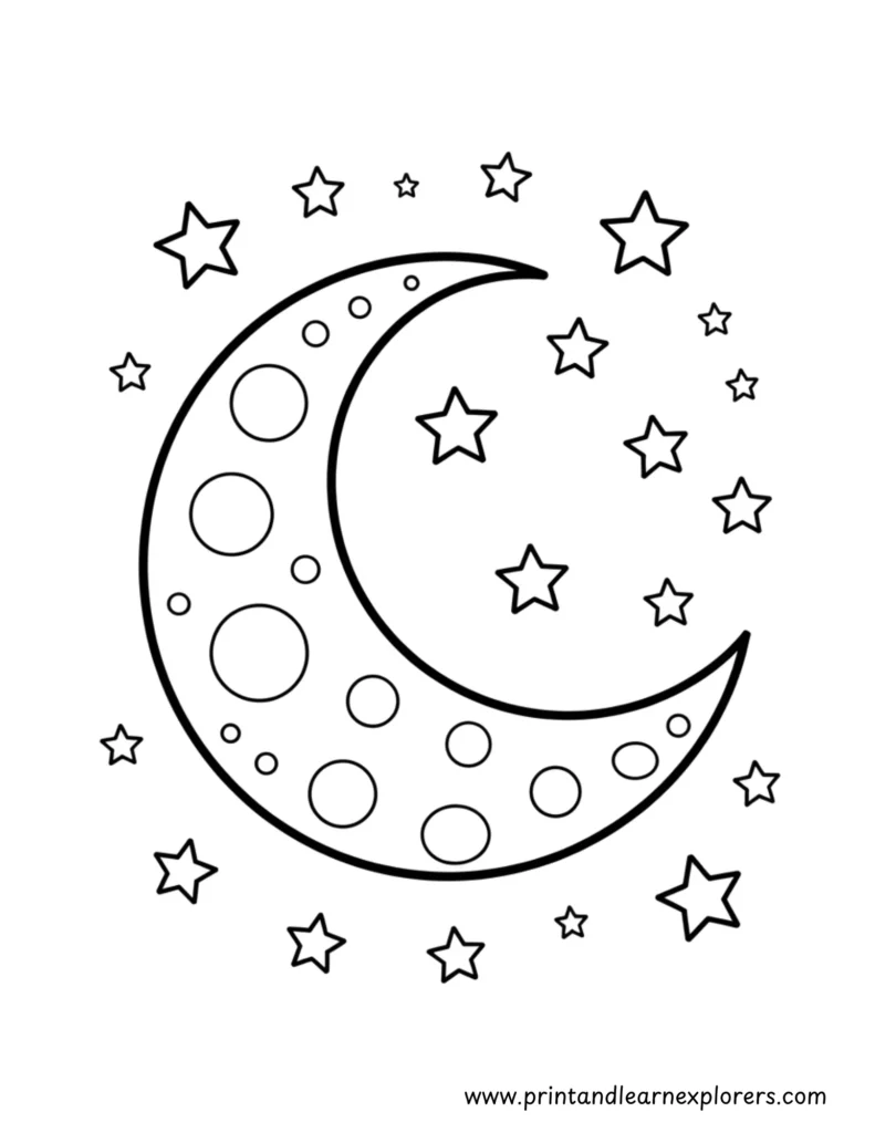 Simple coloring page of a crescent moon and stars
