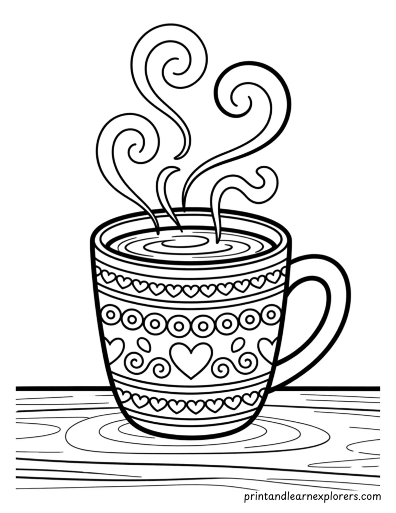 Hot winter drink coloring in heart cup
