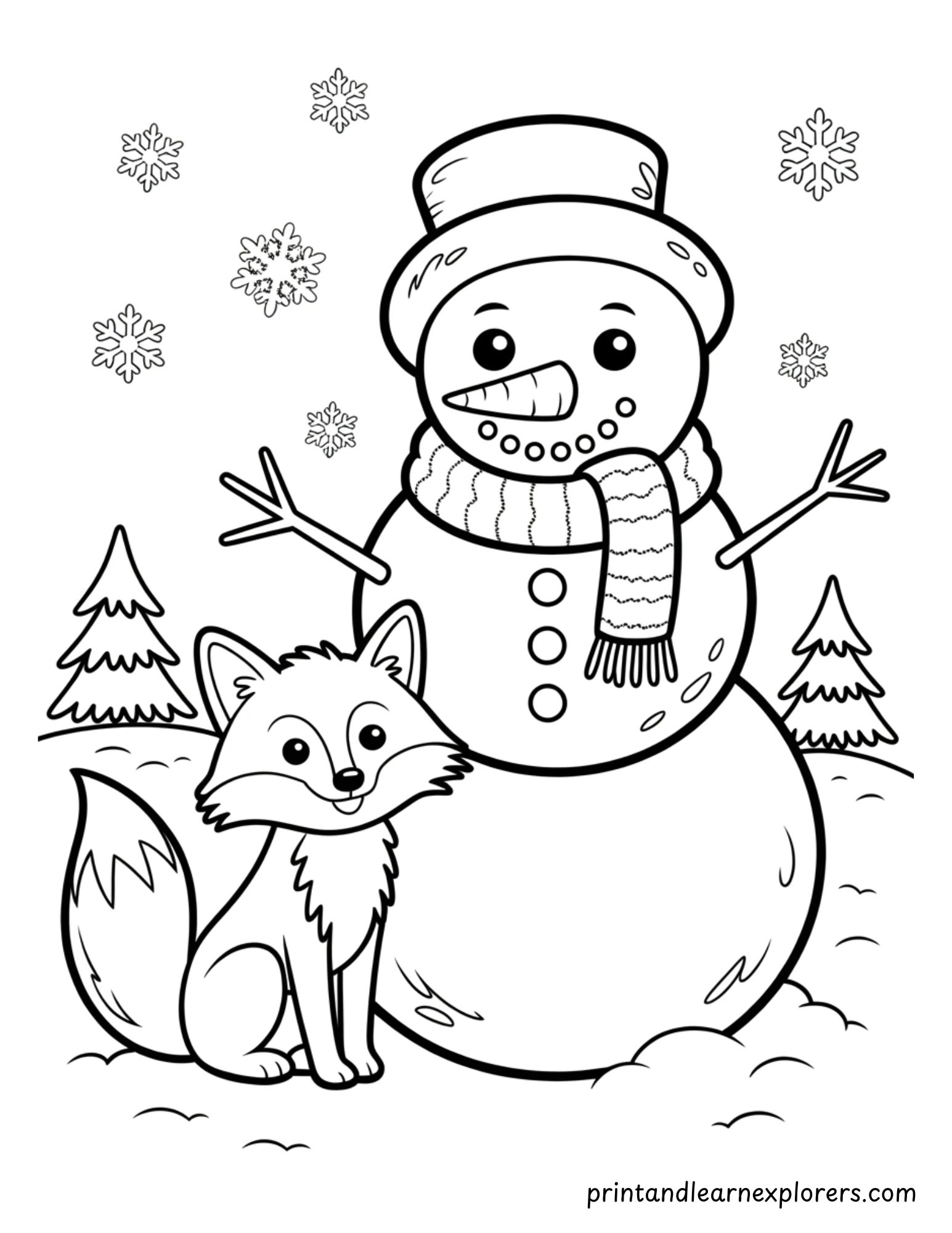 Snowman And Fox Coloring Page