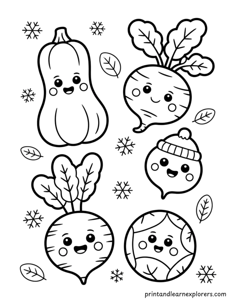 Kawaii winter vegetables to color in