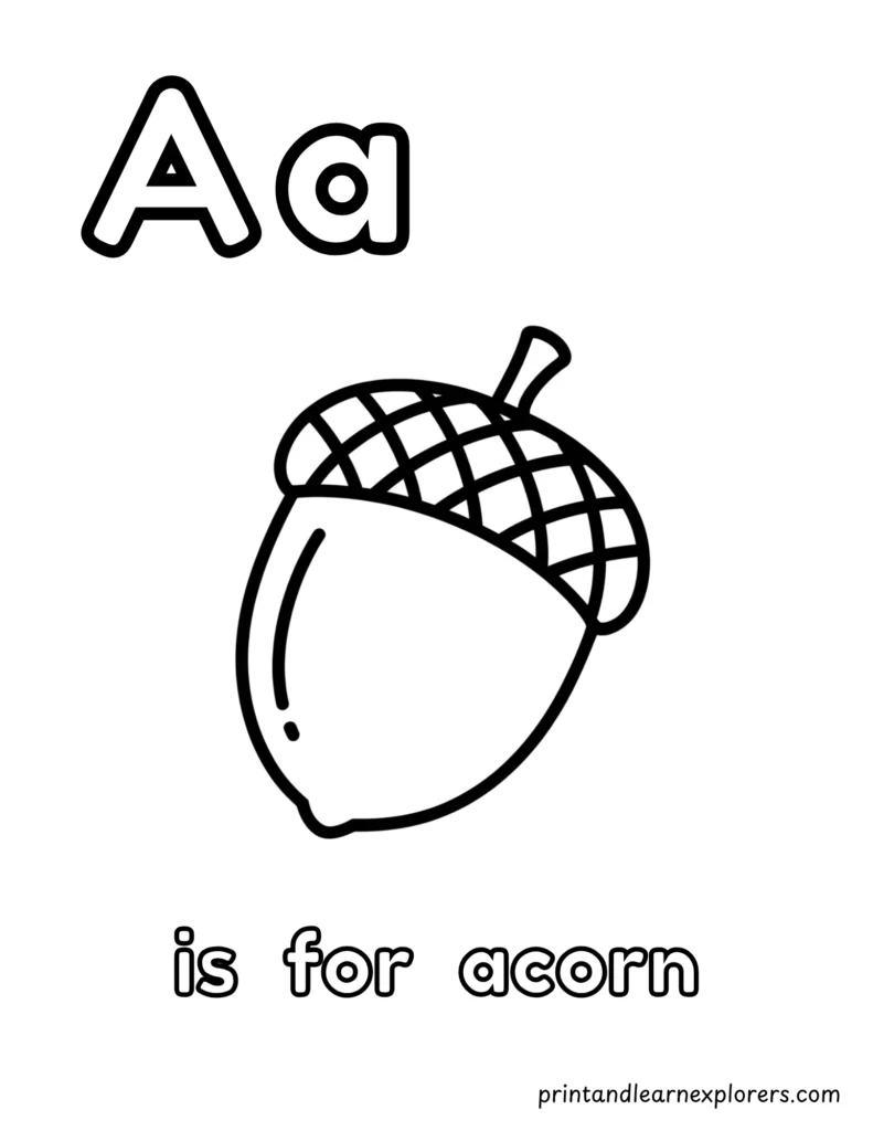 Letter A coloring page for acorn