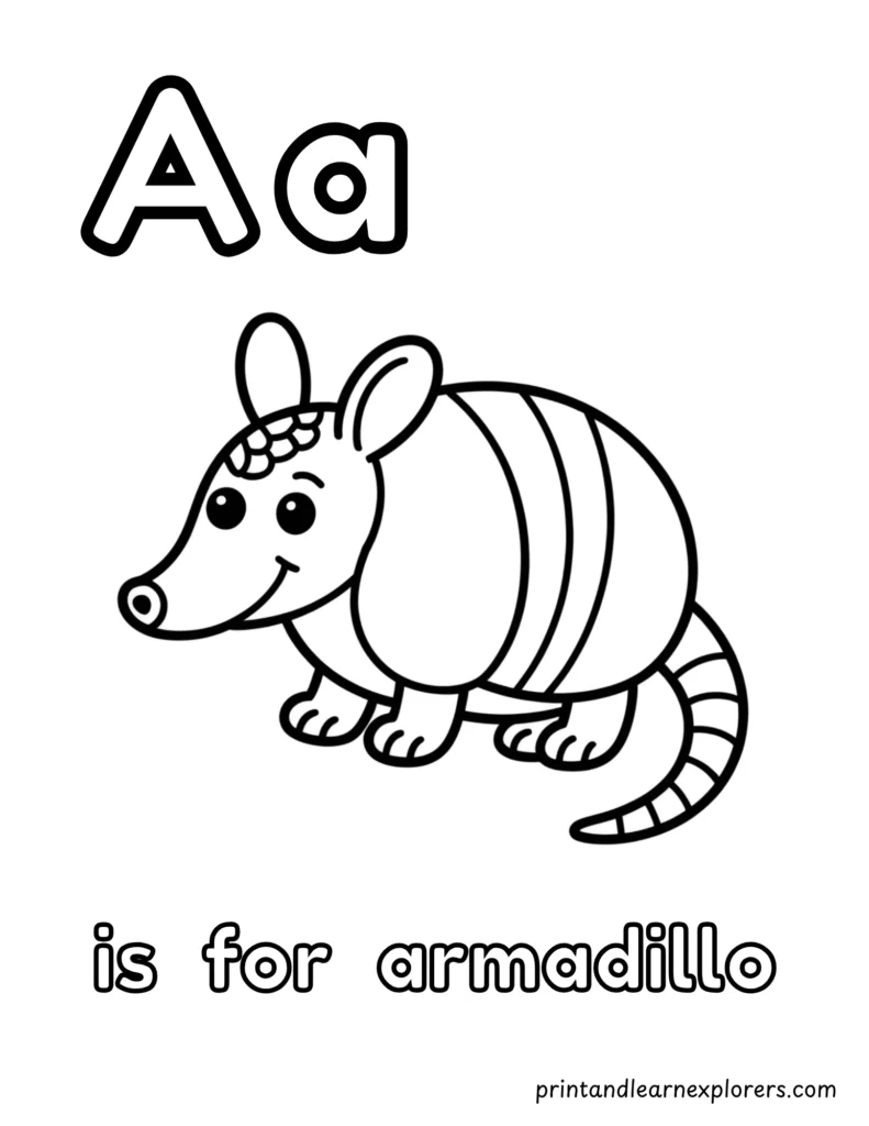 letter a is for armadillo coloring page
