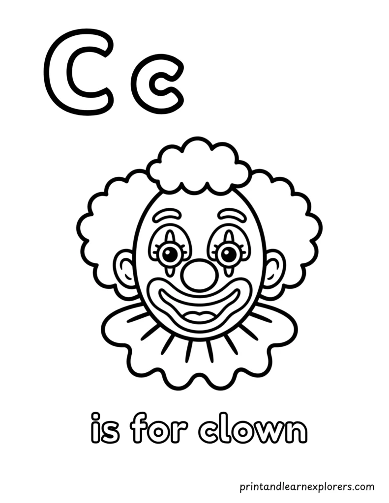 letter c is for clown coloring page