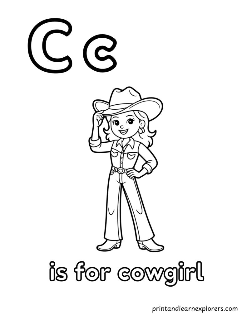 letter c is for cowgirl coloring page