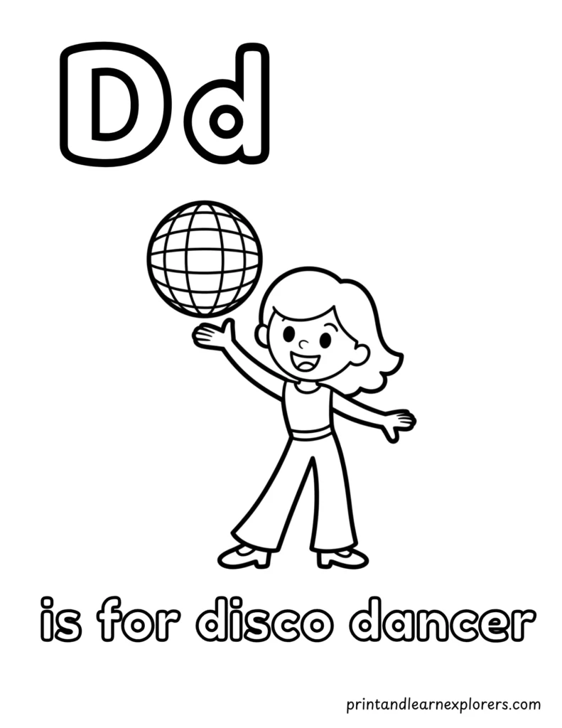letter d is for disco dancer coloring page