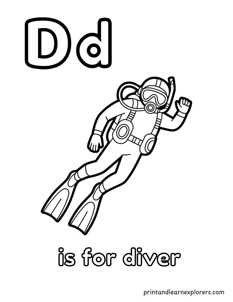 letter d is for diver coloring page