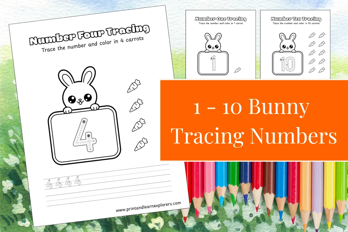 1 to 10 number tracing worksheets bunny themed