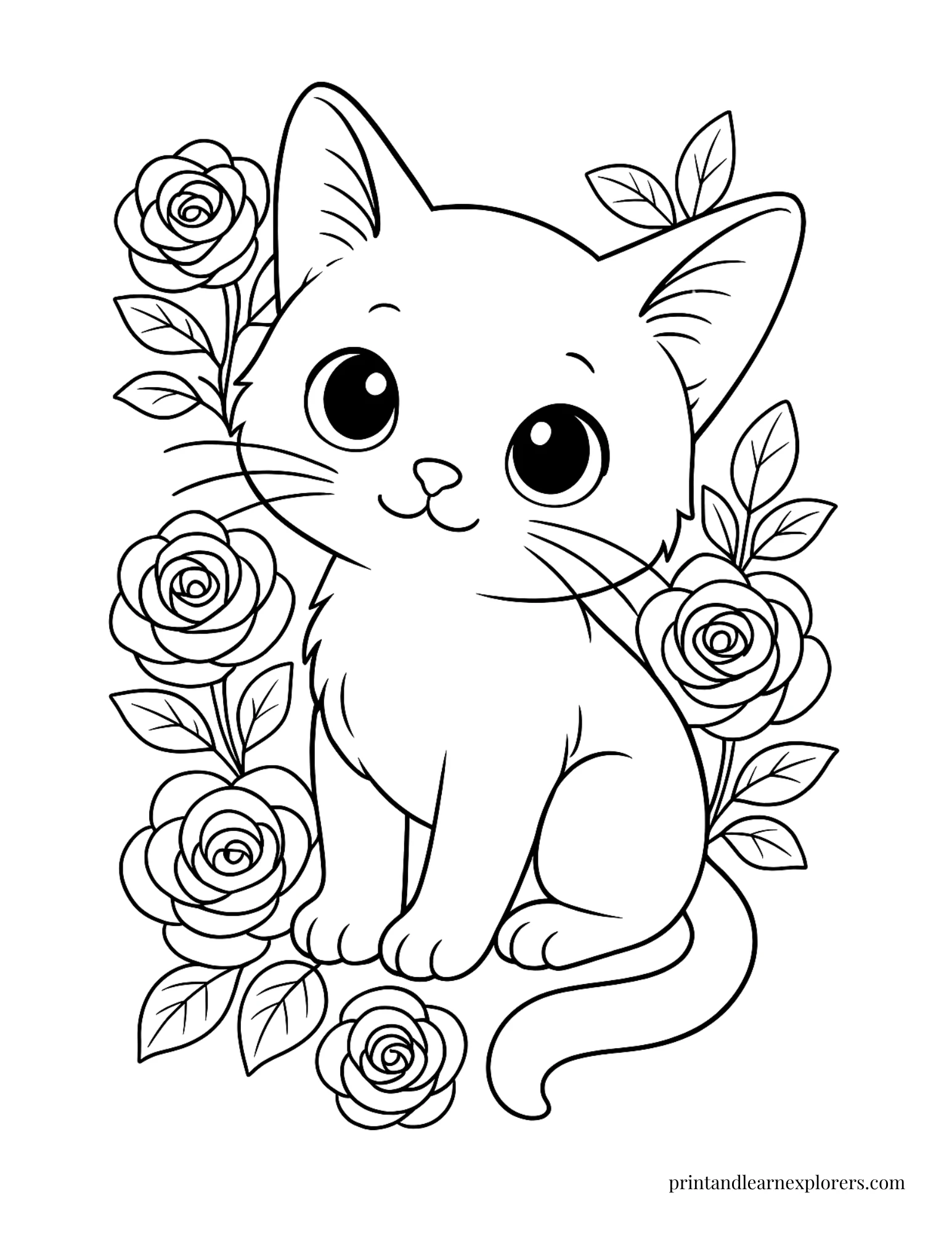 Cute Rose Coloring Pages with Kitten