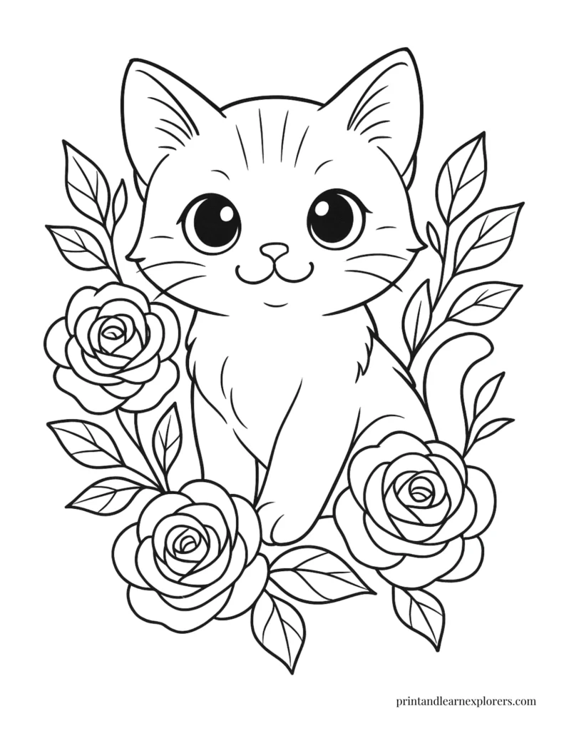 Cute Rose Coloring Pages with cat