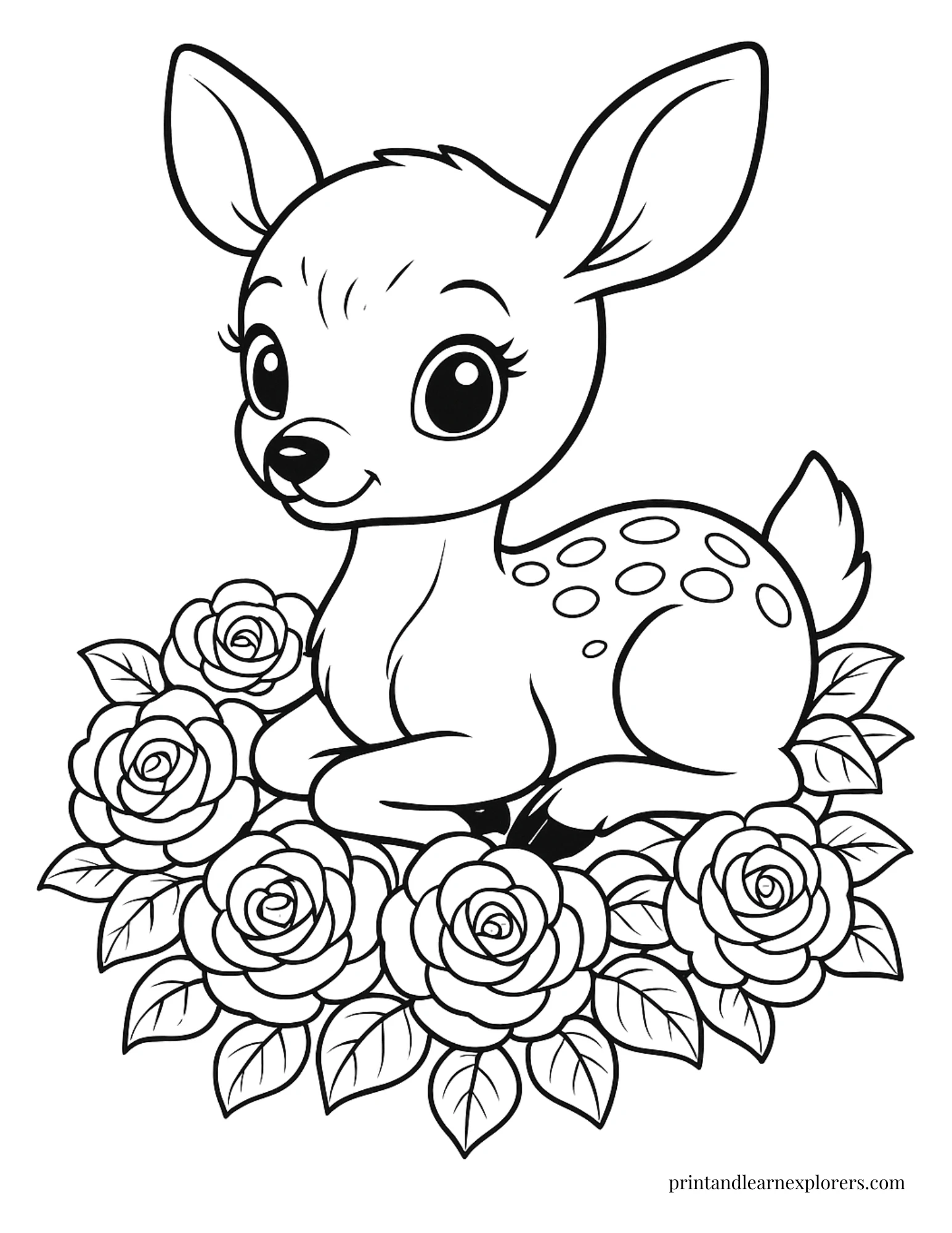 Cute Rose Coloring Pages with fawn deer