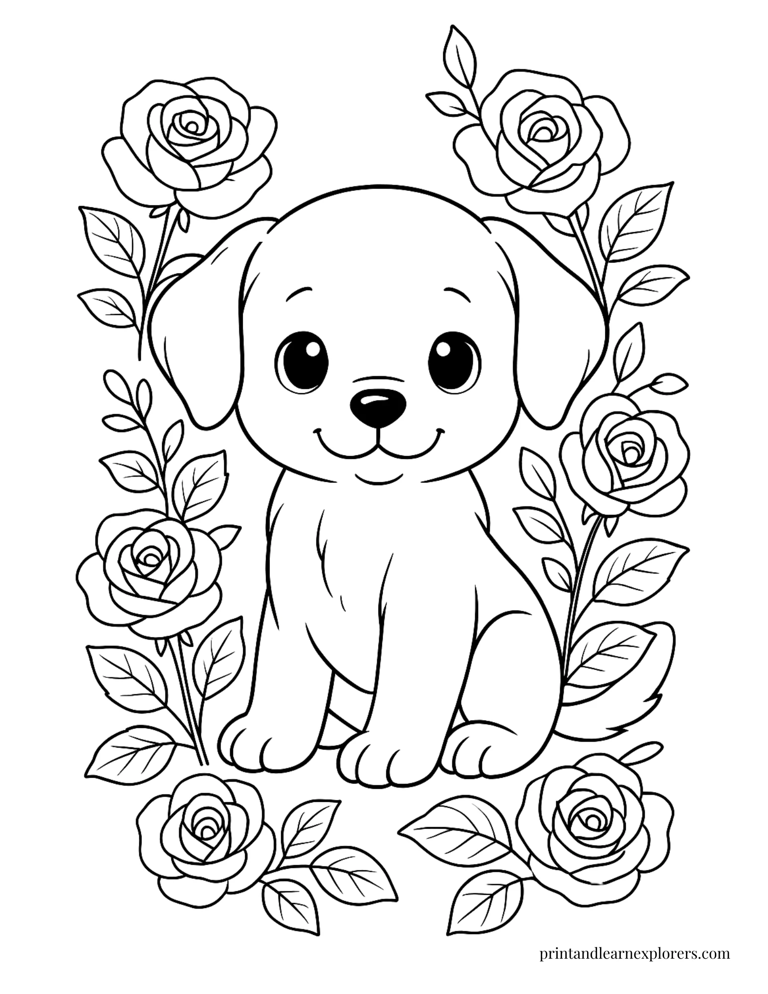Cute Rose Coloring Pages with puppy dog